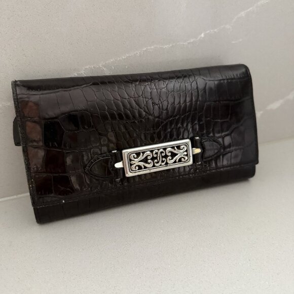Brighton Vintage Dark Brown Croc-Embossed Leather Wallet Bi-Fold Silver Accents - Picture 1 of 13